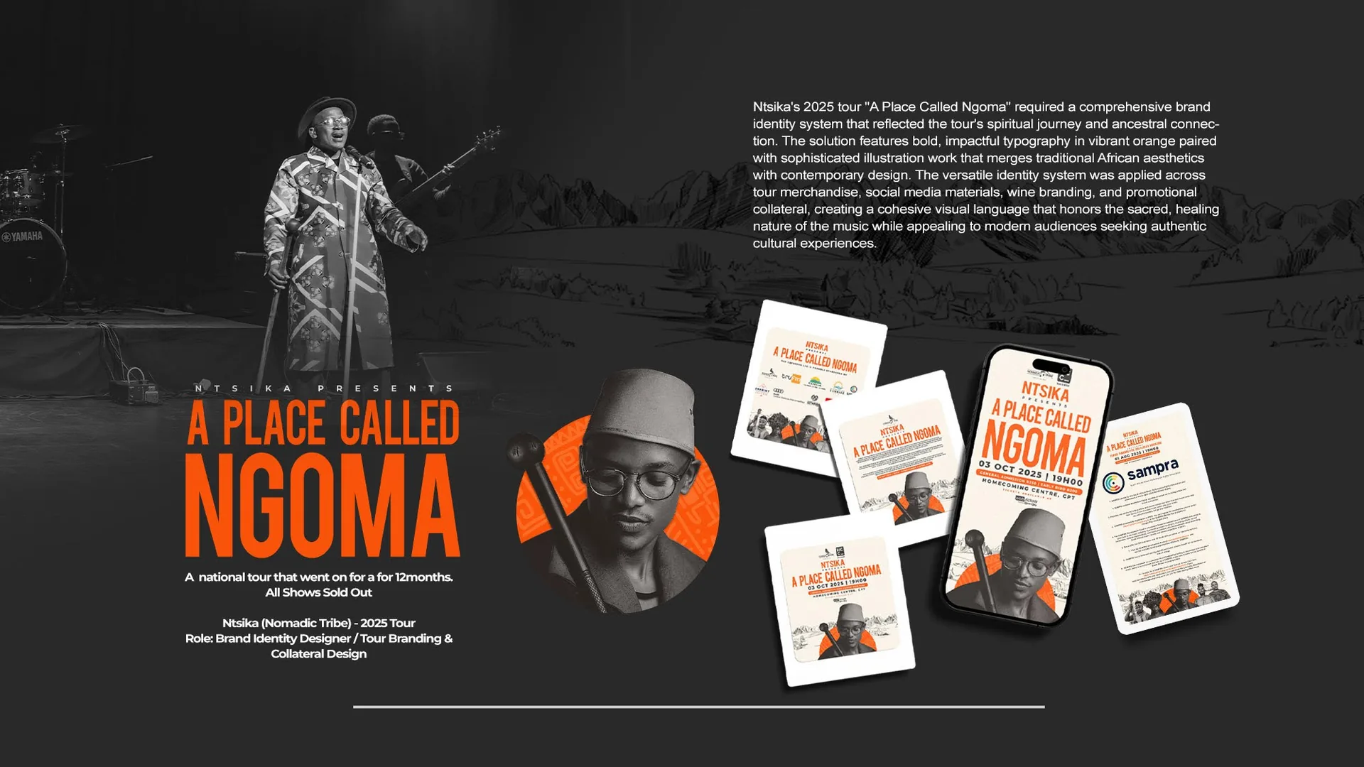 A Place Called Ngoma identity applied to posters, social media and a phone screen