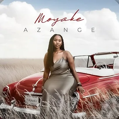 Azange cover art: a woman in a silver dress seated on a red classic car in a field