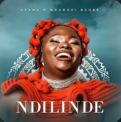 Ndilinde cover art: a smiling woman in a red beaded headdress against a teal sky