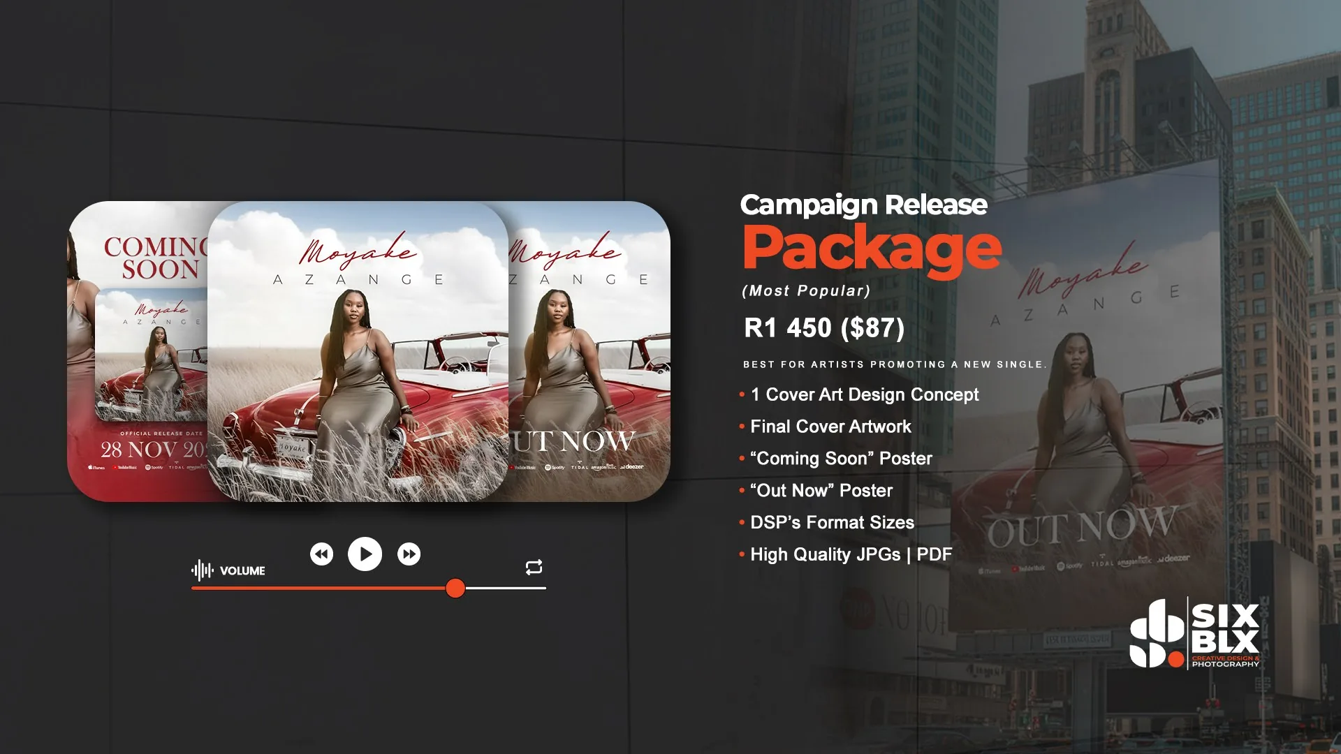 Azange cover art with Coming Soon and Out Now posters and a billboard placement