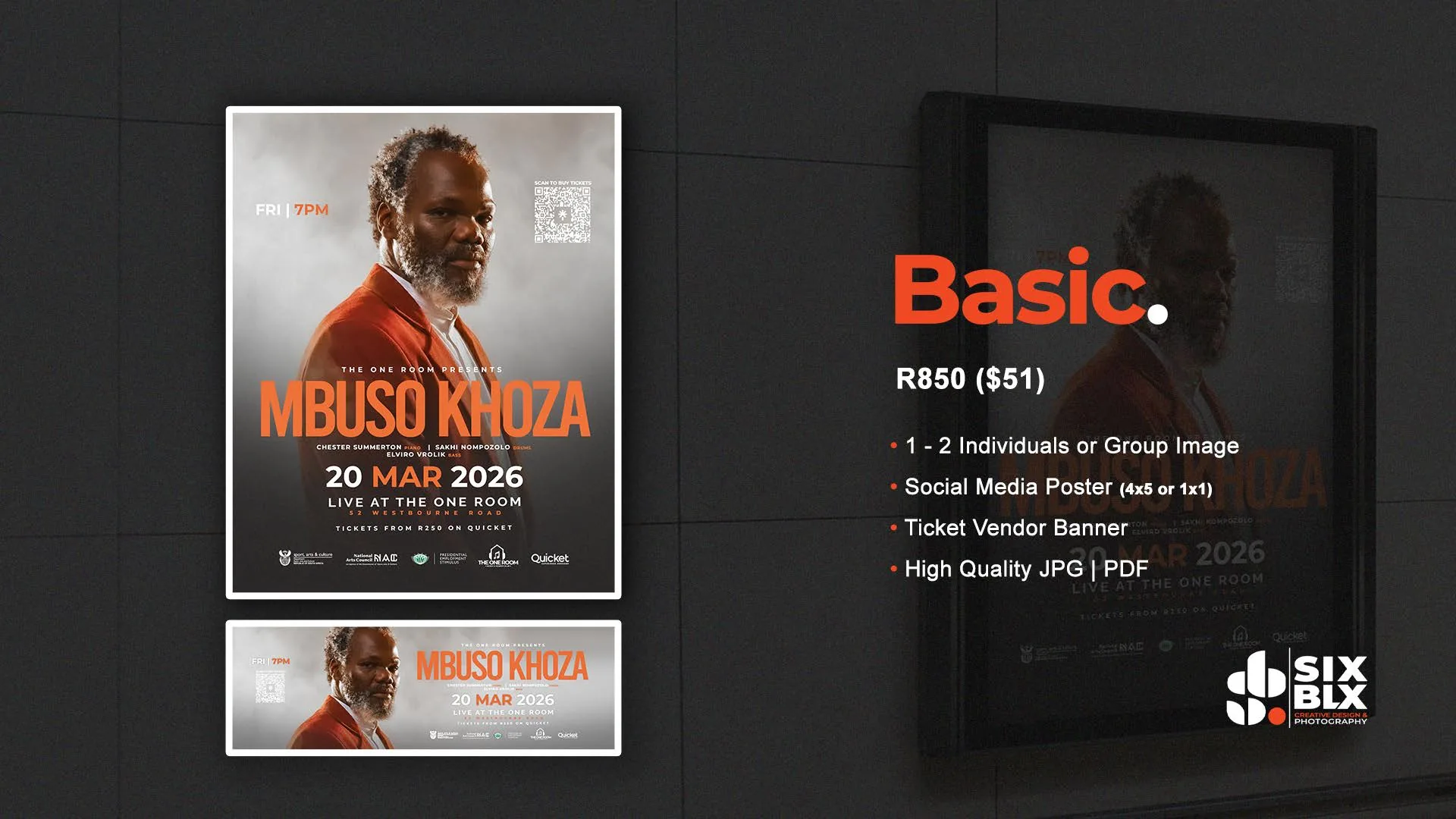 Mbuso Khoza poster and banner in a framed display