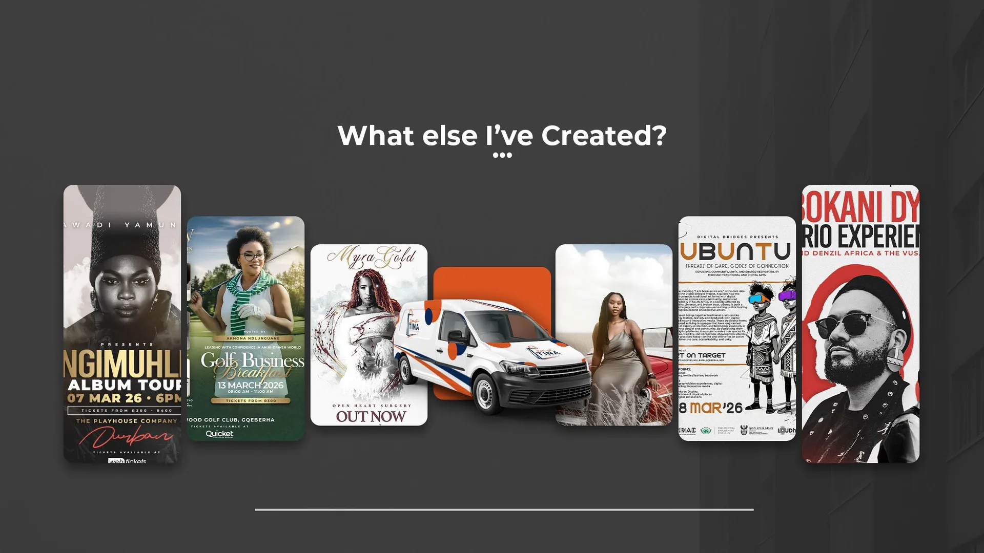 A row of event posters, release artwork and a branded van