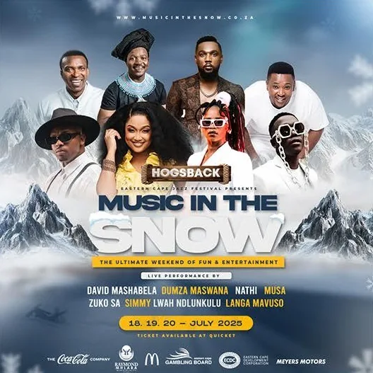 Music in the Snow festival poster with a large artist line-up and snowy mountains