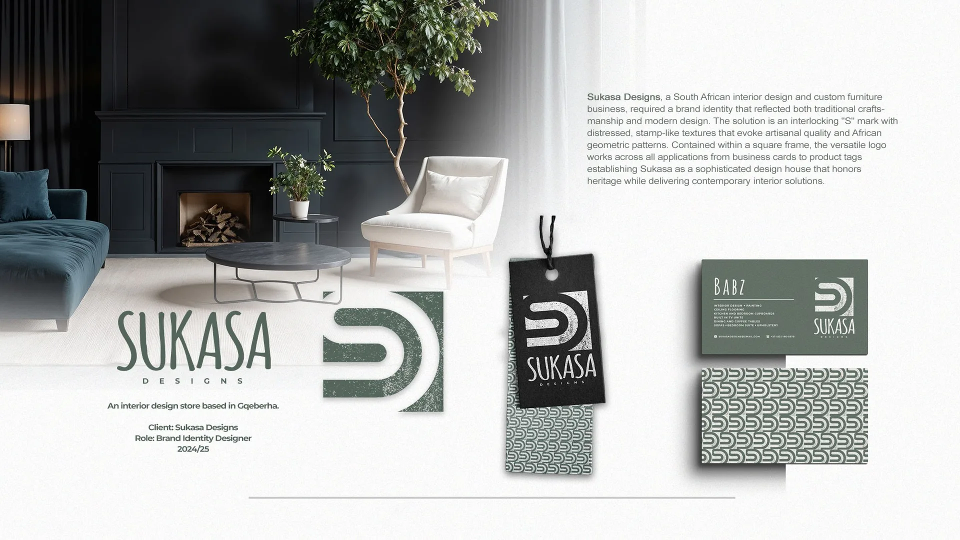 Sukasa Designs identity shown in an interior with business cards and tags