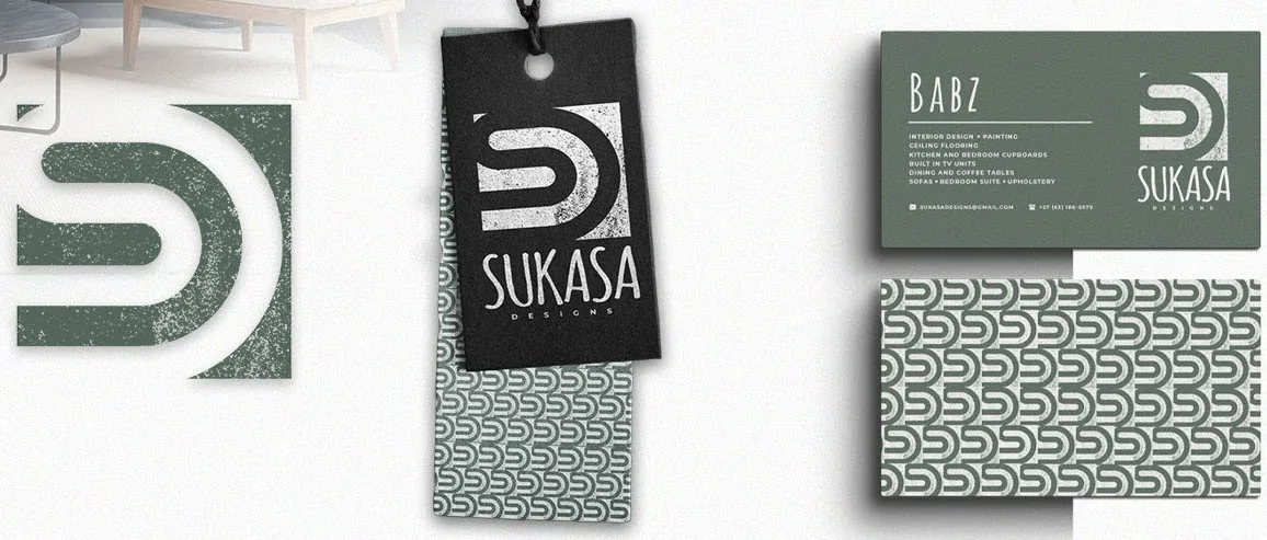 Sukasa Designs logo, swing tag and business cards in sage green